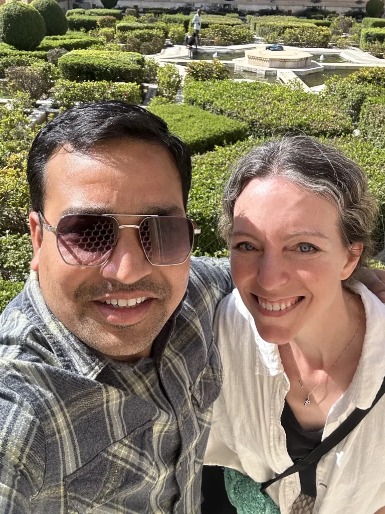 US traveller with an English-speaking guide on the Golden Triangle route