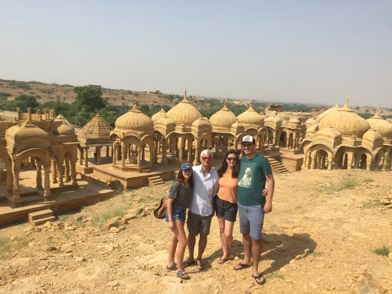 Travellers at the royal cenotaphs near Jaipur on a Golden Triangle tour